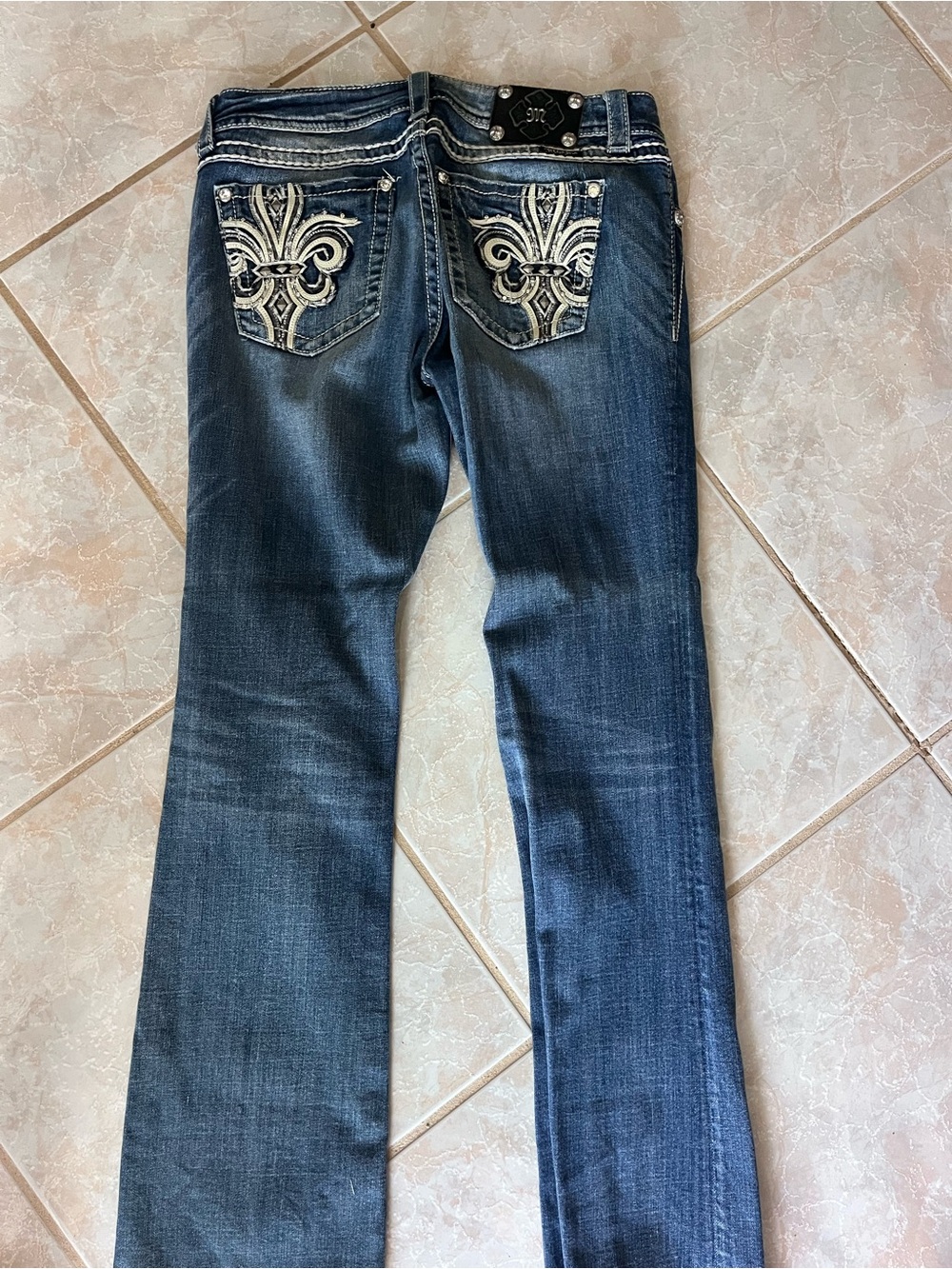 Miss Me Blue Boot Cut Jeans with Silver Embroidered Pockets